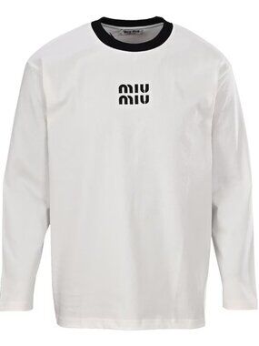 Miu Miu White Long-Sleeve Tee with Black Trim and Logo